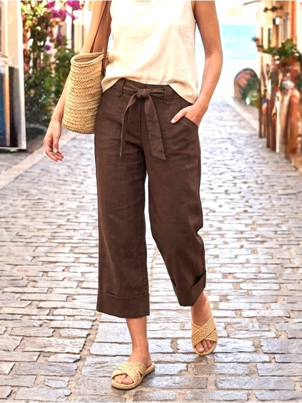 Old Navy Women’s Linen Brown Low Waist wide leg Cropped Tie-Waist Pants‎ size 14